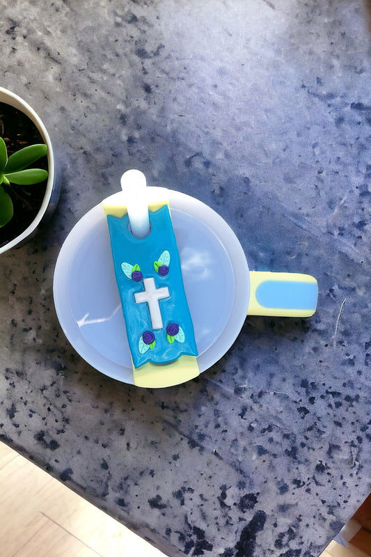 Polymer clay straw tag for stanley tumbler topper tumbler accessories / Christian cross tumbler topper tag / rose cross tumbler accessories