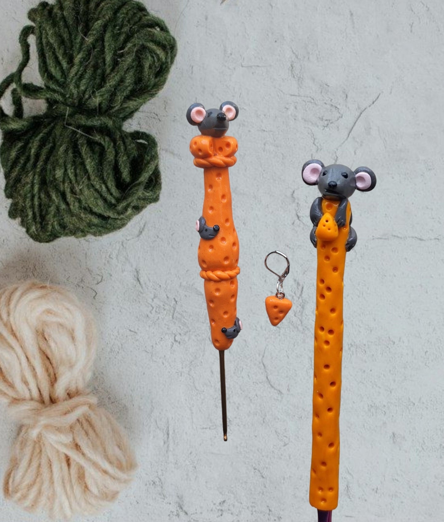 Polymer clay cute mouse in cheese crochet hook