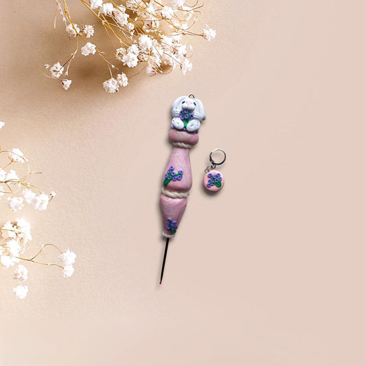 Polymer clay cute lavender bunny rabbit crochet hook with stitch marker