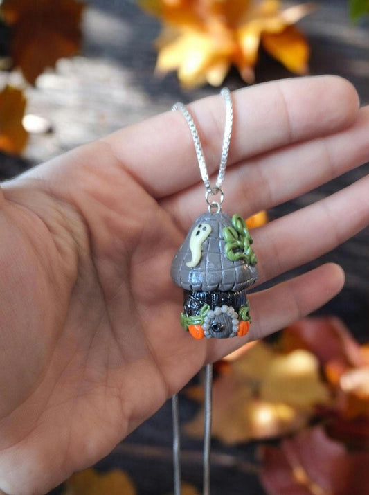 Polymer clay mushroom toadstool halloween jar / cottage core haunted house fall clay mushroom necklace / functional necklace / pendant gift