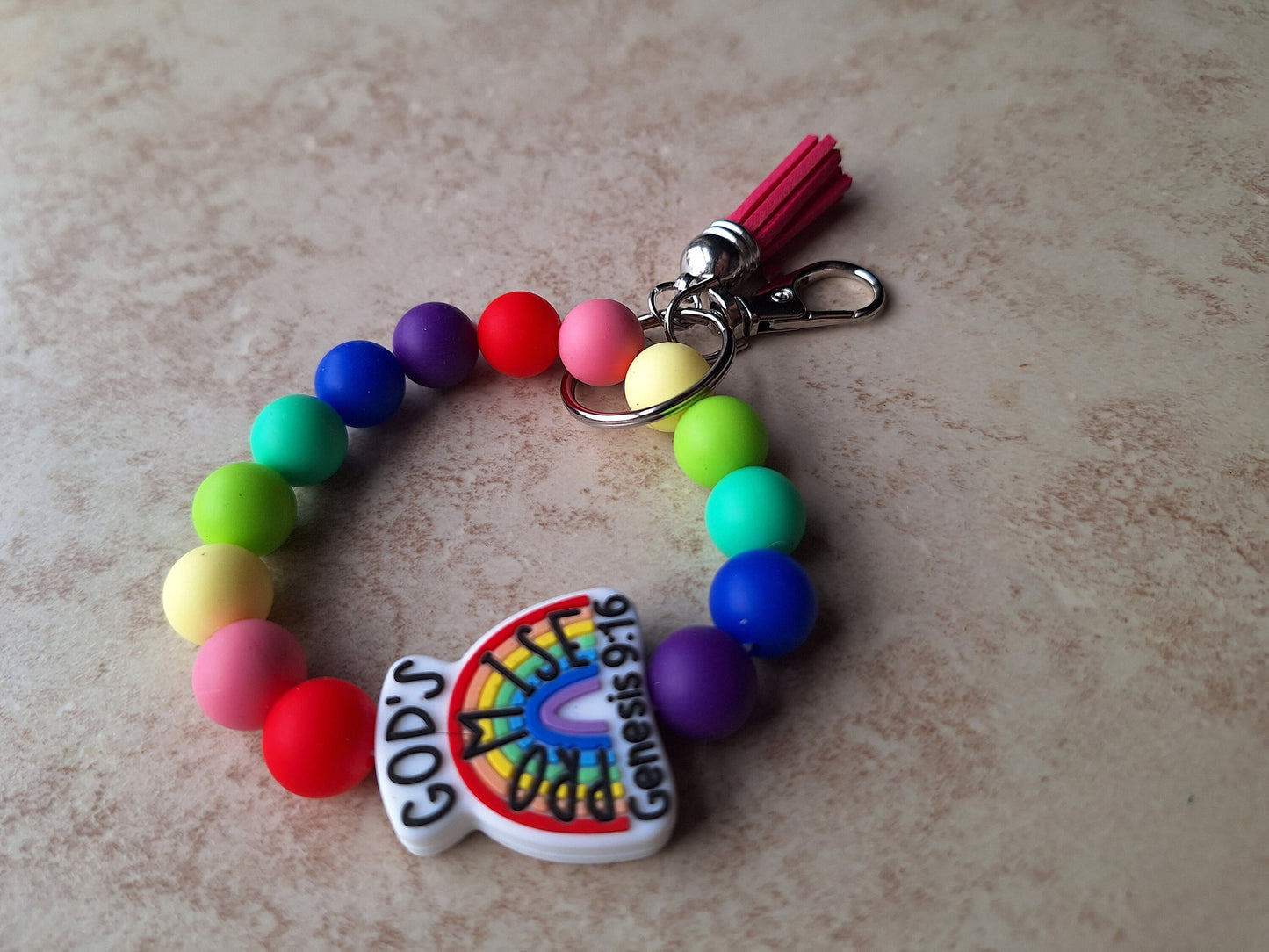 Silicone beaded wristlet keychain / God's promise rainbow silicone beaded wristlet keychain / religious faith bag accessories key chain gift