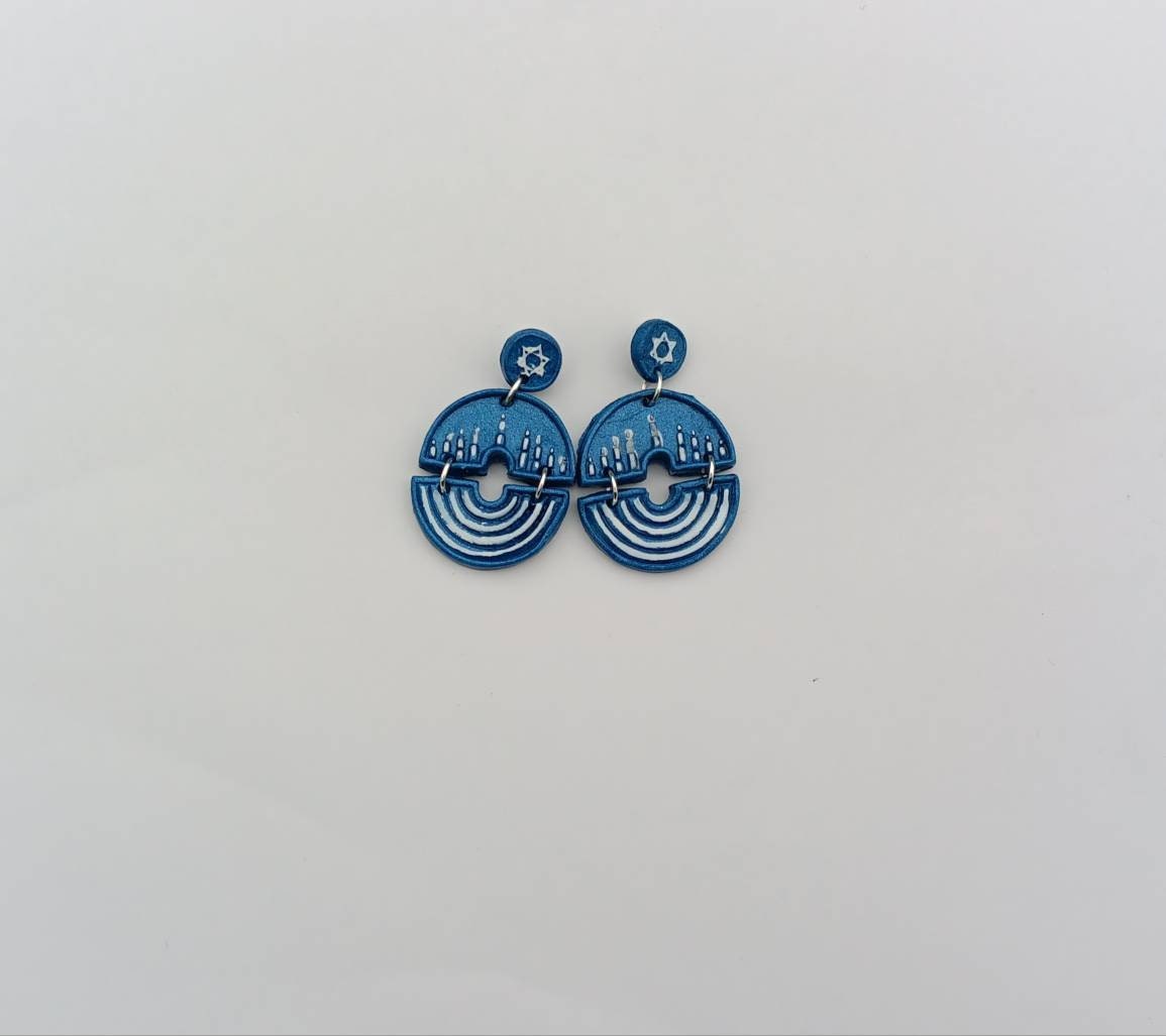 Kawaii blue silver white menorah earrings / clay menorah dangle earrings / clay Hanukkah earrings / clay star of David  jewelry