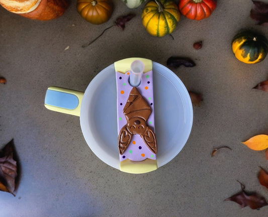 Polymer clay straw tag for stanley tumbler topper tumbler accessory / purple sleeping bat tumbler topper tag / holiday tumbler accessories
