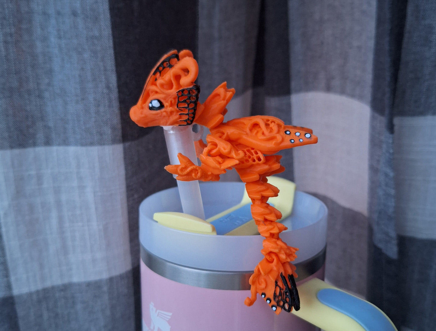 3D articulated orange butterfly dragon straw cap / 3d printed dragon animals / monarch butterfly dragon straw topper cover Fidget figurines