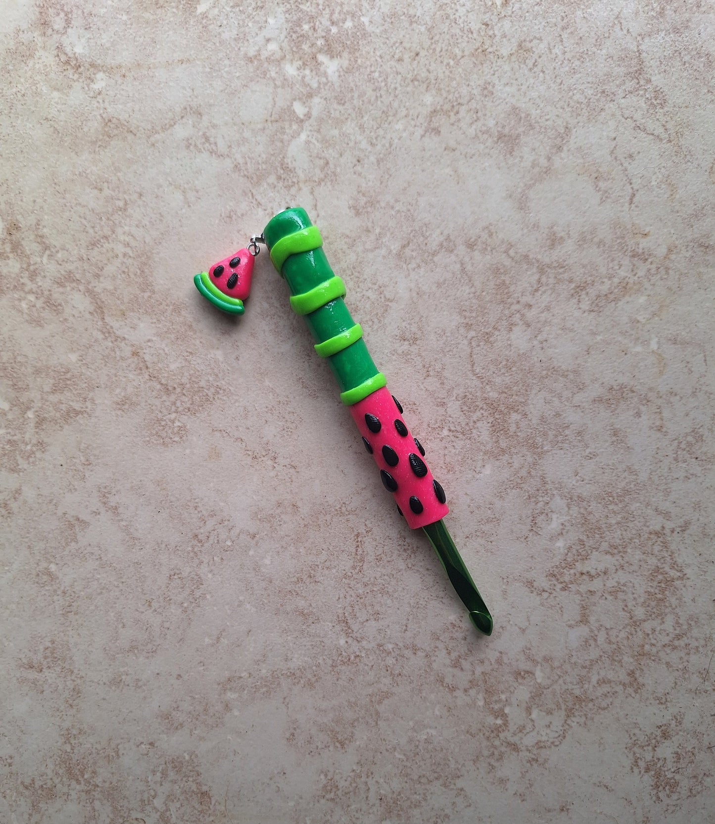 Polymer clay summer fruit watermelon crochet hook with stitch marker