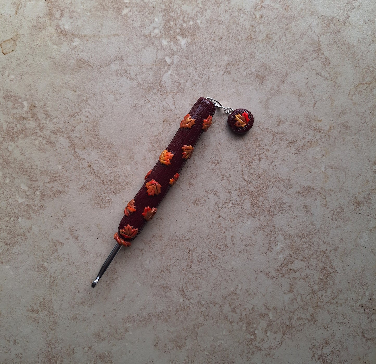 Polymer clay maple leaf fall colorful crochet hook matching stitch marker