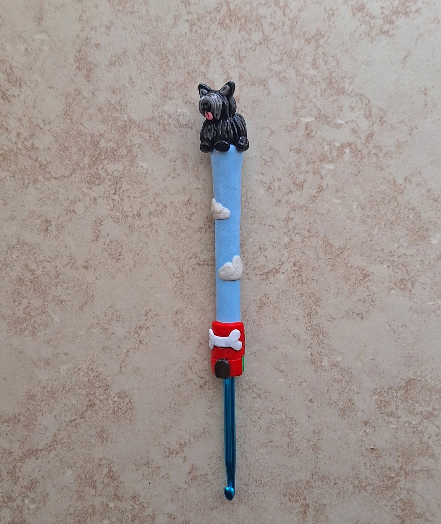 Polymer clay dog clouds red dog house crochet hook