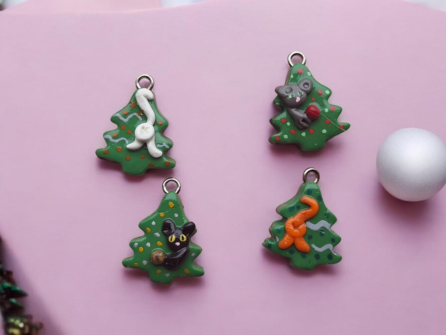 Kawaii cat in Christmas tree charms clay tree charms / jewelry holiday charms / pine tree charms / snow charms progress keeper stitch marker