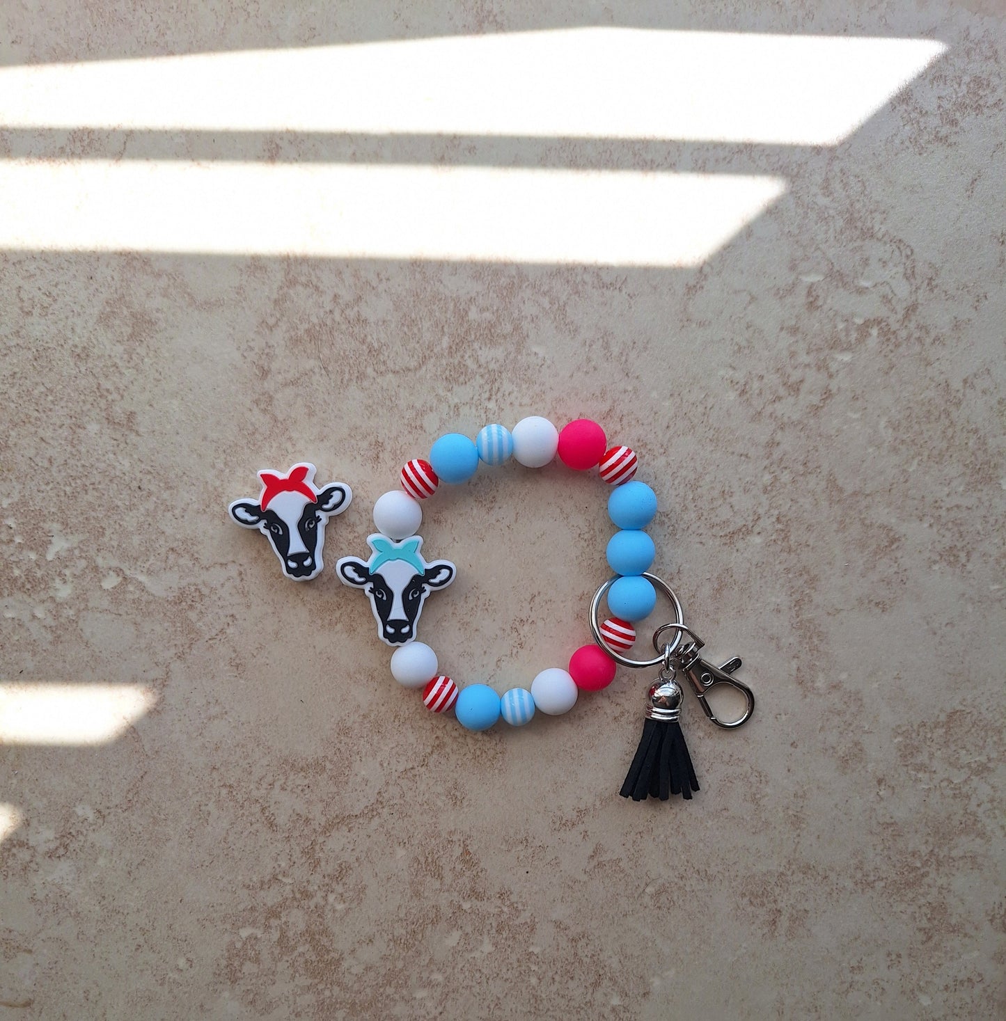 Silicone beaded wristlet keychain / cow with bow red teal silicone beaded wristlet keychain / bows and cows bag accessory key chain gift