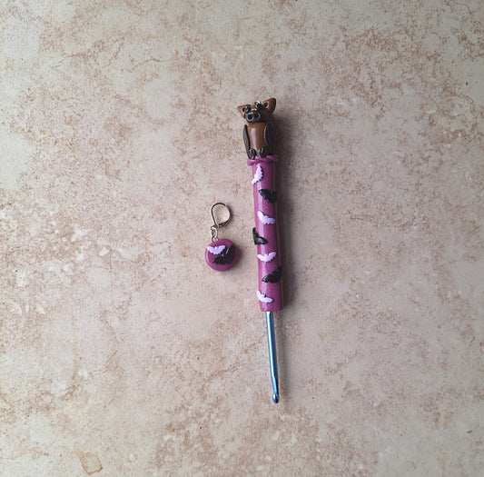 Polymer clay bats on purple crochet hook / purple bat fall halloween crochet hook