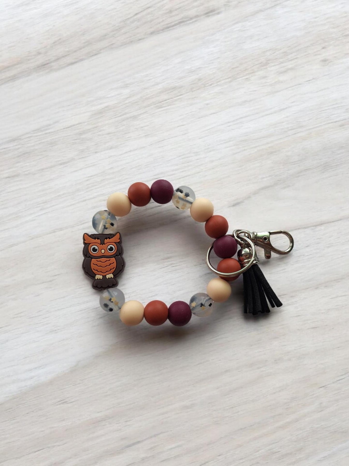 Silicone beaded wristlet keychain / fall black gold star glitter cute owl silicone beaded wristlet keychain / owl bag accessories key chain