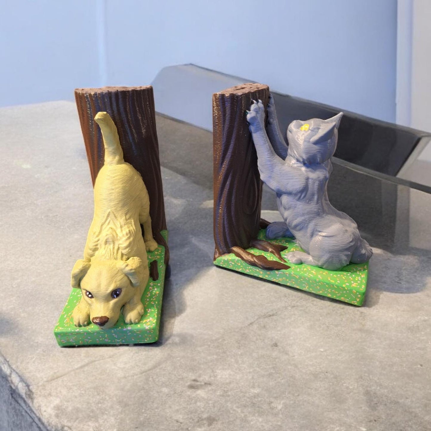 3D printed playful dog and cat bookends / puppy dog kitty cat kitten book ends / 3d printed animal Home decor