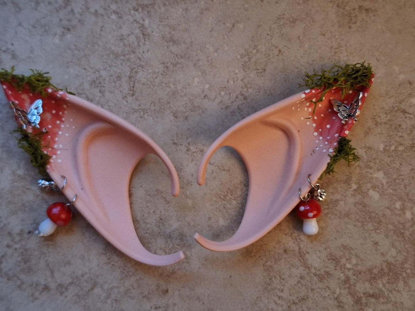 red orange toadstool rubber fairy pixie elf ears / halloween costume accessory cosplay elf ears / painted elf ears with earrings