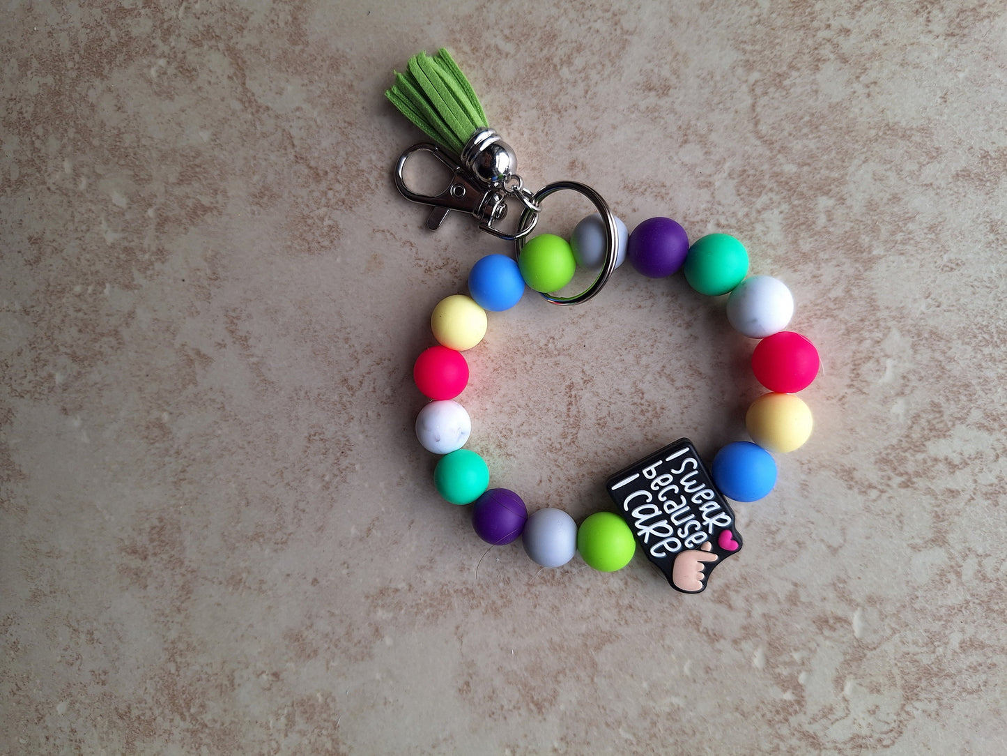 Silicone beaded wristlet keychain / i swear because i care silicone beaded wristlet keychain / swear attitude bag accessories key chain