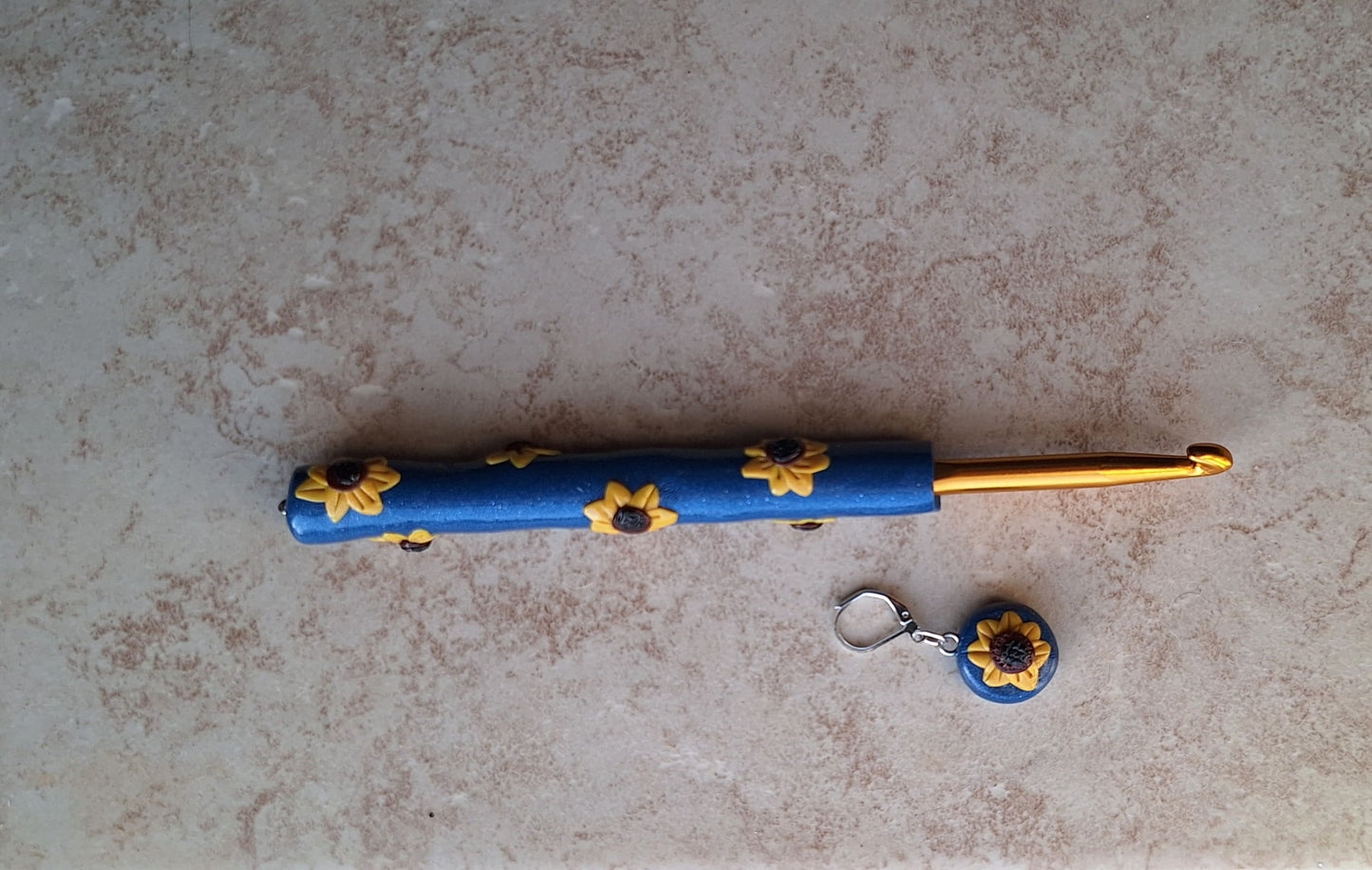 Polymer clay fall floral sunflower on blue crochet hook