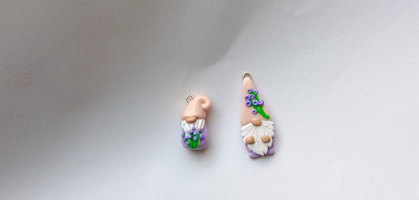 Kawaii floral Lavendar gnome charms / polymer clay garden gnome charms / kawaii toadstool charms / lavender gnome charms stitch marker