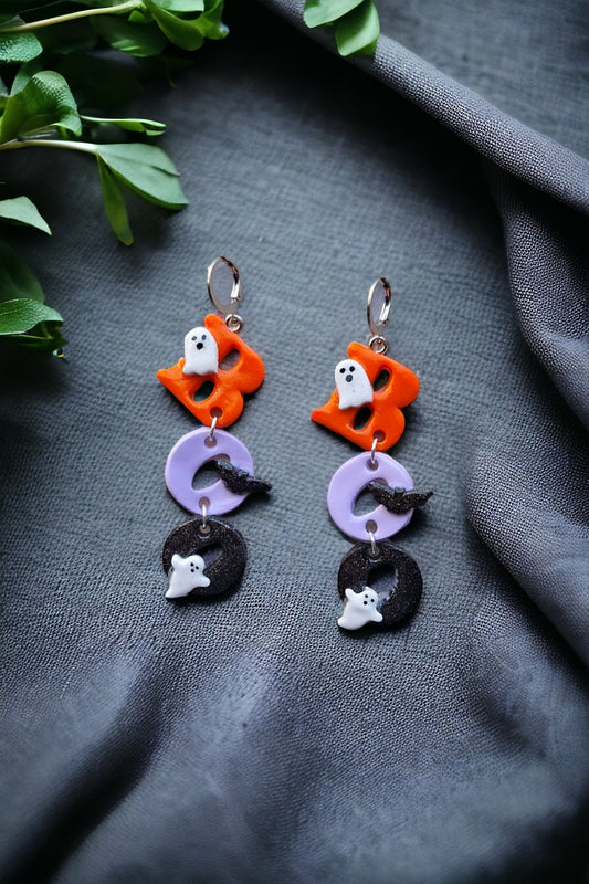 Kawaii clay dangle BOO ghost bat earrings / polymer clay dangle stud earrings / bat ghost Halloween holiday jewelry / boo earrings