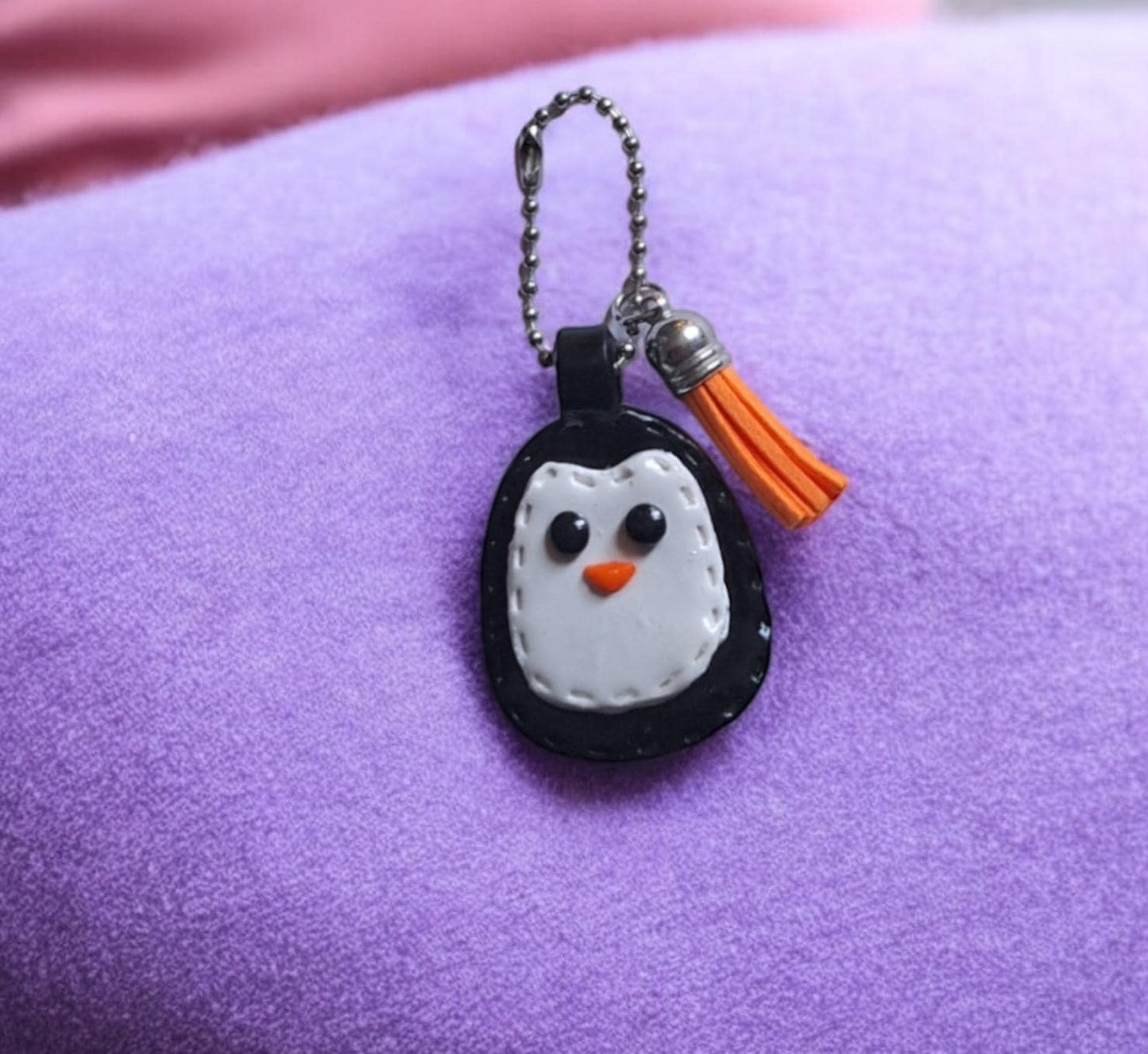 Polymer clay penguin faux leather look stitch style keychain / cute clay penguin bag accessories key chain