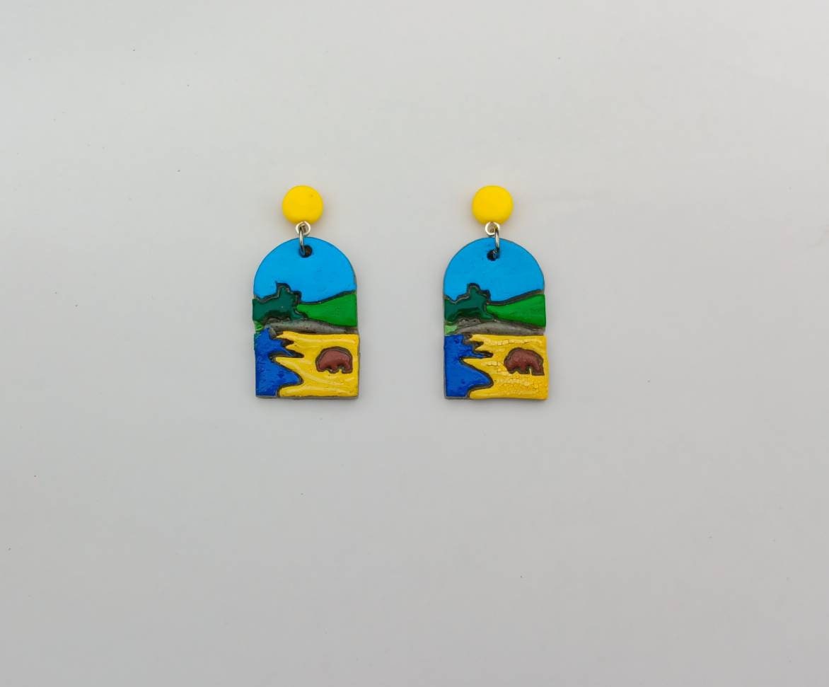 Kawaii buffalo earrings / polymer clay Yellowstone landscape dangle earrings / clay buffalo jewelry / landscape trees earrings
