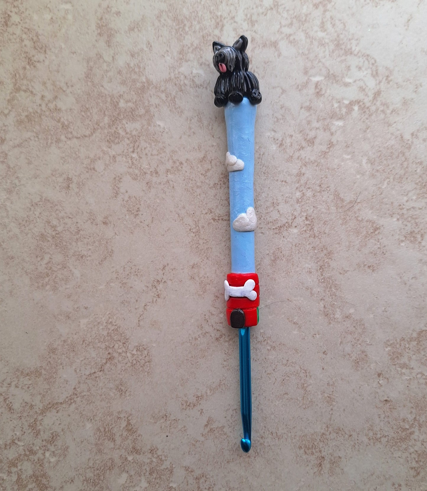 Polymer clay dog clouds red dog house crochet hook