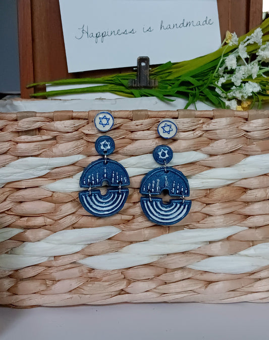 Kawaii blue silver white menorah earrings / clay menorah dangle earrings / clay Hanukkah earrings / clay star of David  jewelry