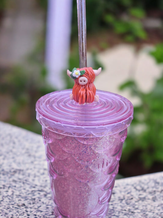 Polymer clay highland cow straw buddy charm tumbler accessories / tumbler charm straw buddy / daisy floral cow straw topper charm