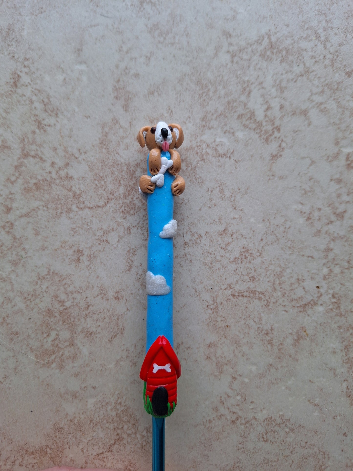 Polymer clay dog clouds red dog house crochet hook
