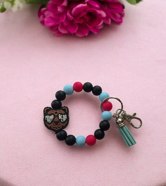 Silicone beaded wristlet keychain / mama bear silicone beaded wristlet keychain / mama bear glasses bag accessories key chain