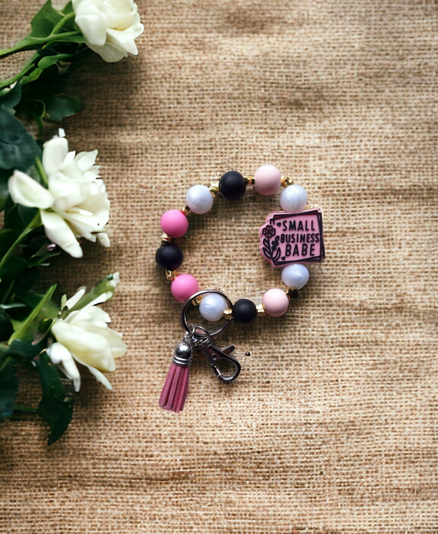 Silicone beaded wristlet keychain / small business babe silicone beaded wristlet keychain / girl boss bag accessories key chain