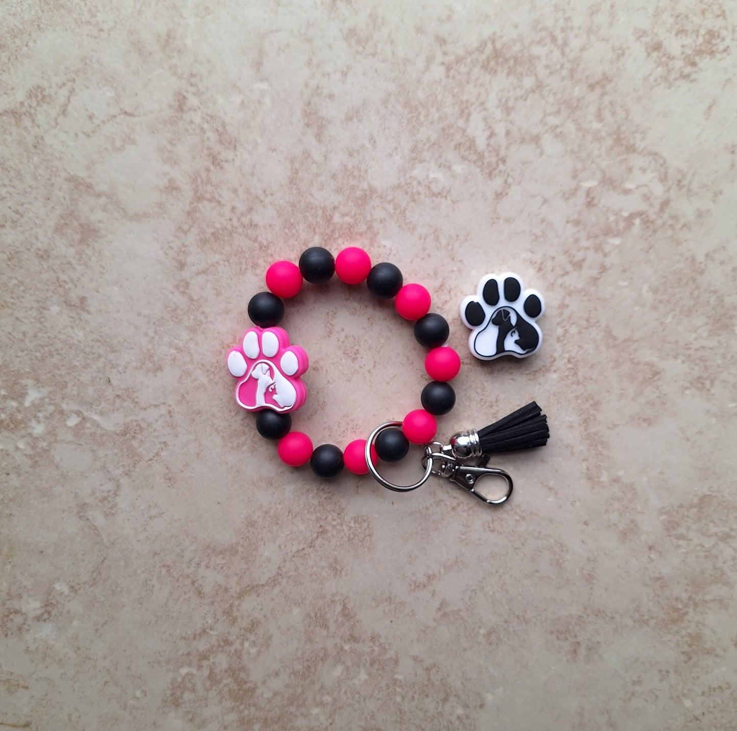 Silicone beaded wristlet keychain / dog mom silicone beaded wristlet pawprint keychain / animal silhouette bag accessories key chain gift