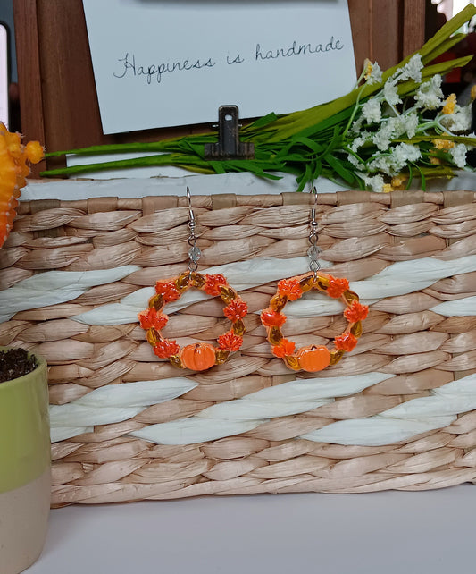 Kawaii halloween fall pumpkin wreath earrings / polymer clay holiday earrings / Thanksgiving holiday jewelry / clay harvest wreath earrings