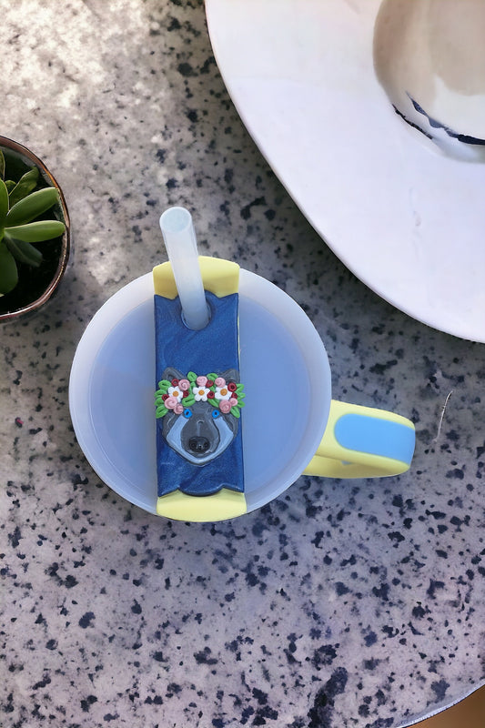 Polymer clay straw tag for stanley tumbler topper / clay tumbler accessories / wolves tumbler topper tag / floral wolf tumbler accessories