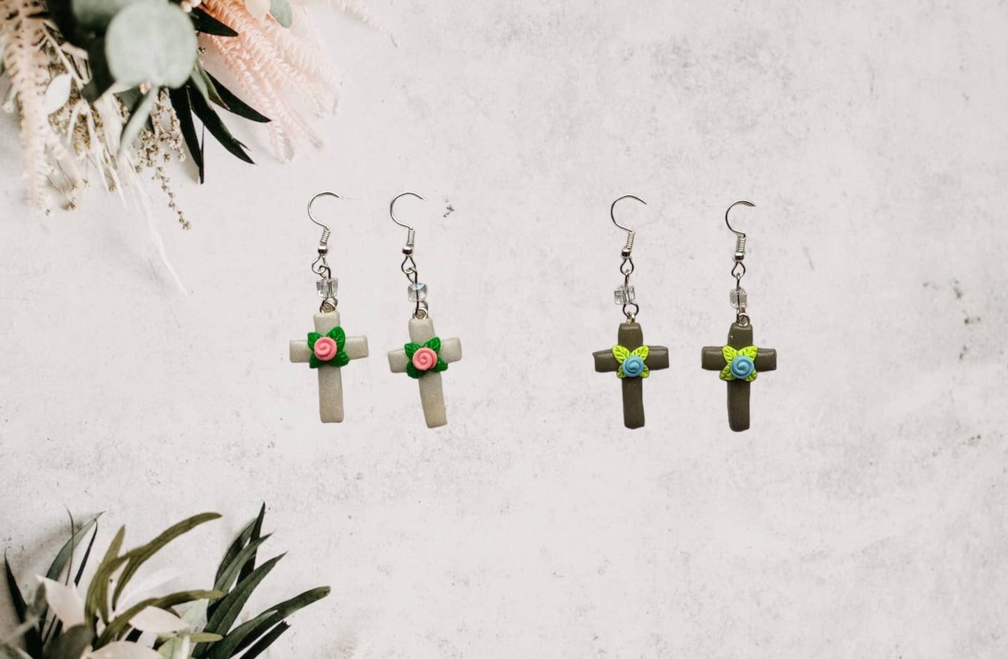 Kawaii floral cross earrings / polymer clay rose cross dangle earrings / clay faith Christian jewelry / floral rose cross earrings