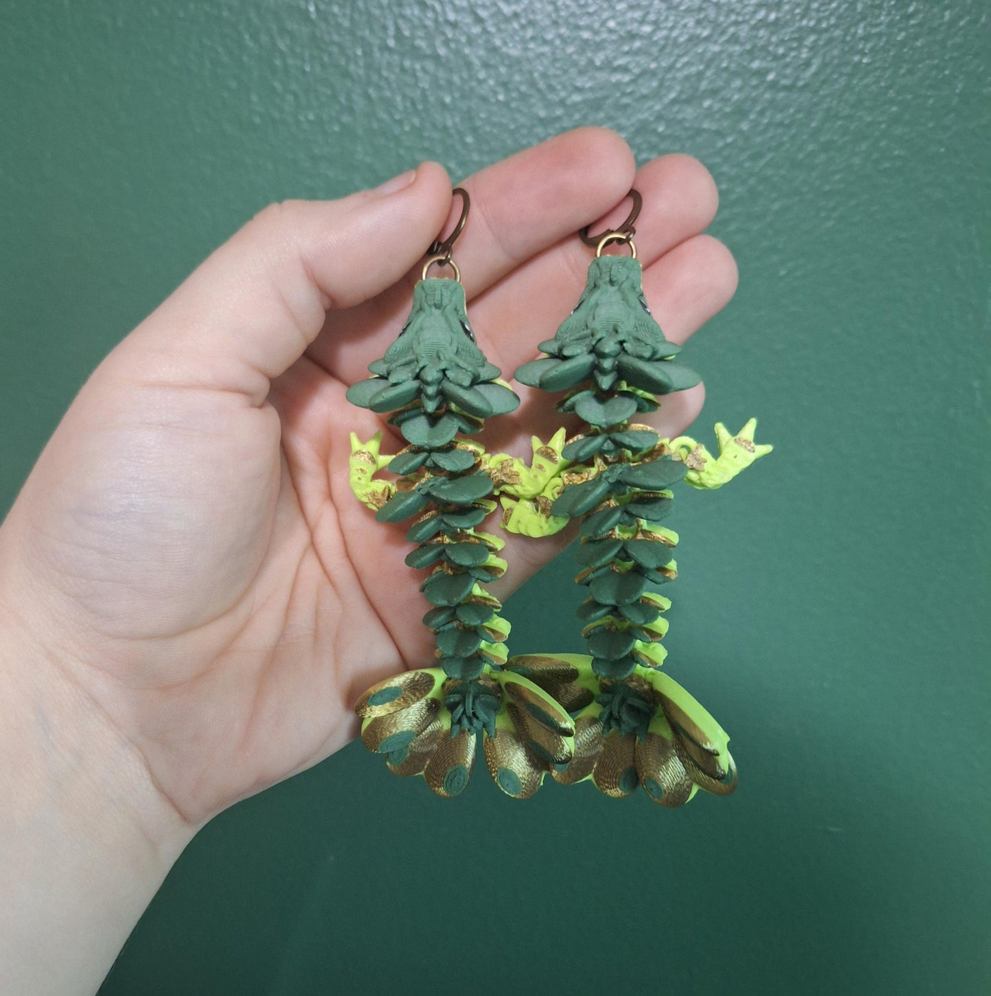 3D articulated green gold lucky clover dragon earrings / 3d printed earrings / dragon earrings / articulated 3d dragon jewelry