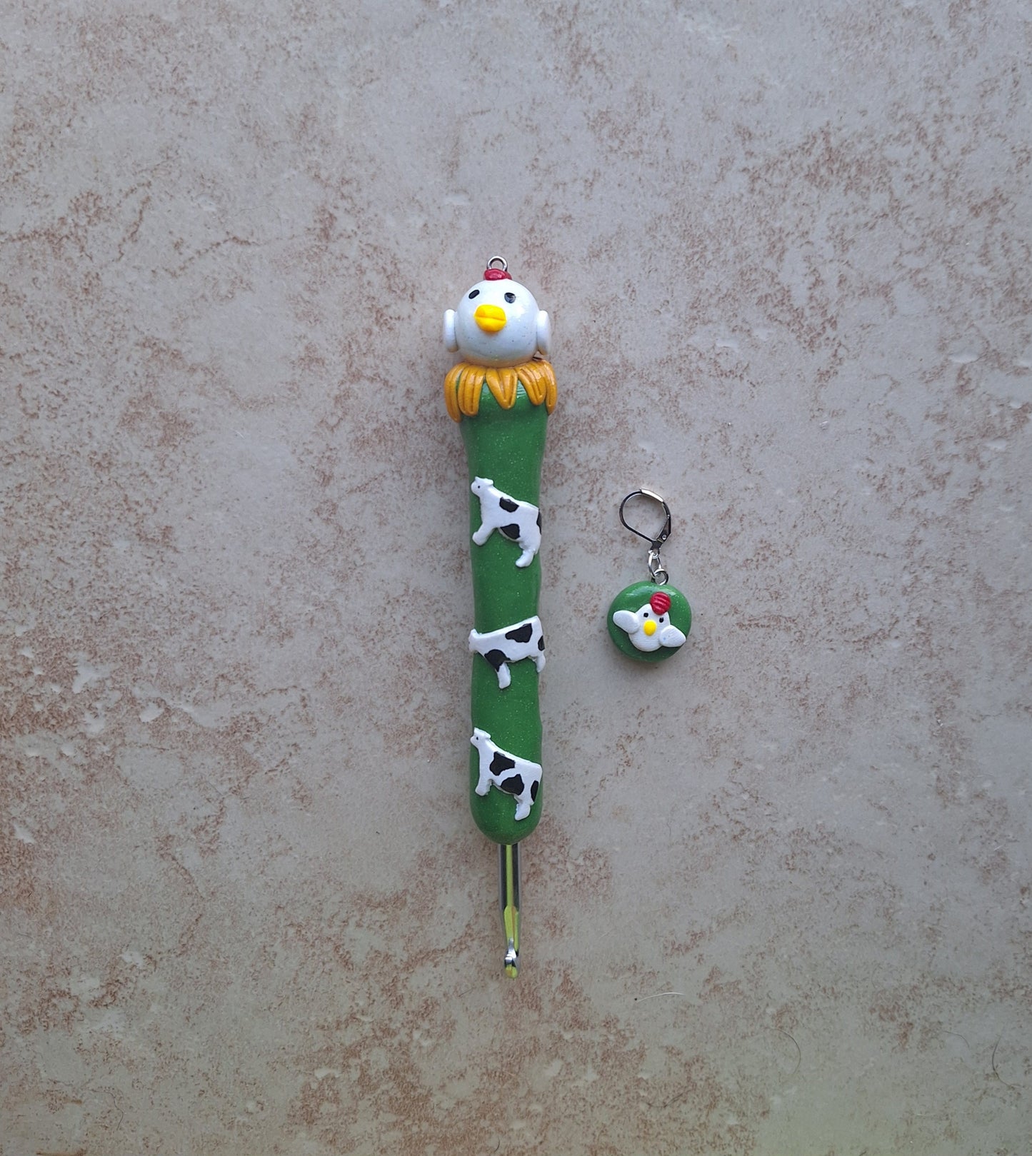Polymer clay cute cow chicken crochet hook with stitch marker
