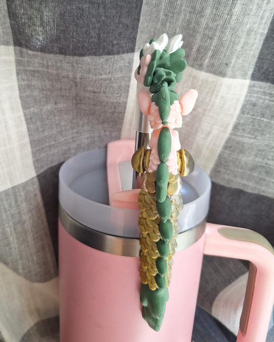 3D articulated metallic gold baby kaida dragon straw cap / 3d printed dragon animals / pink green dragon straw topper cover Fidget figurines