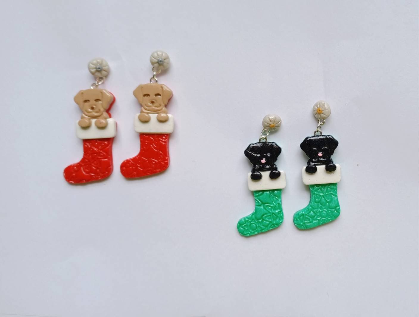 Polymer clay cat puppy dog stocking earrings / polymer clay puppy dog holiday earrings / christmas holiday winter jewelry