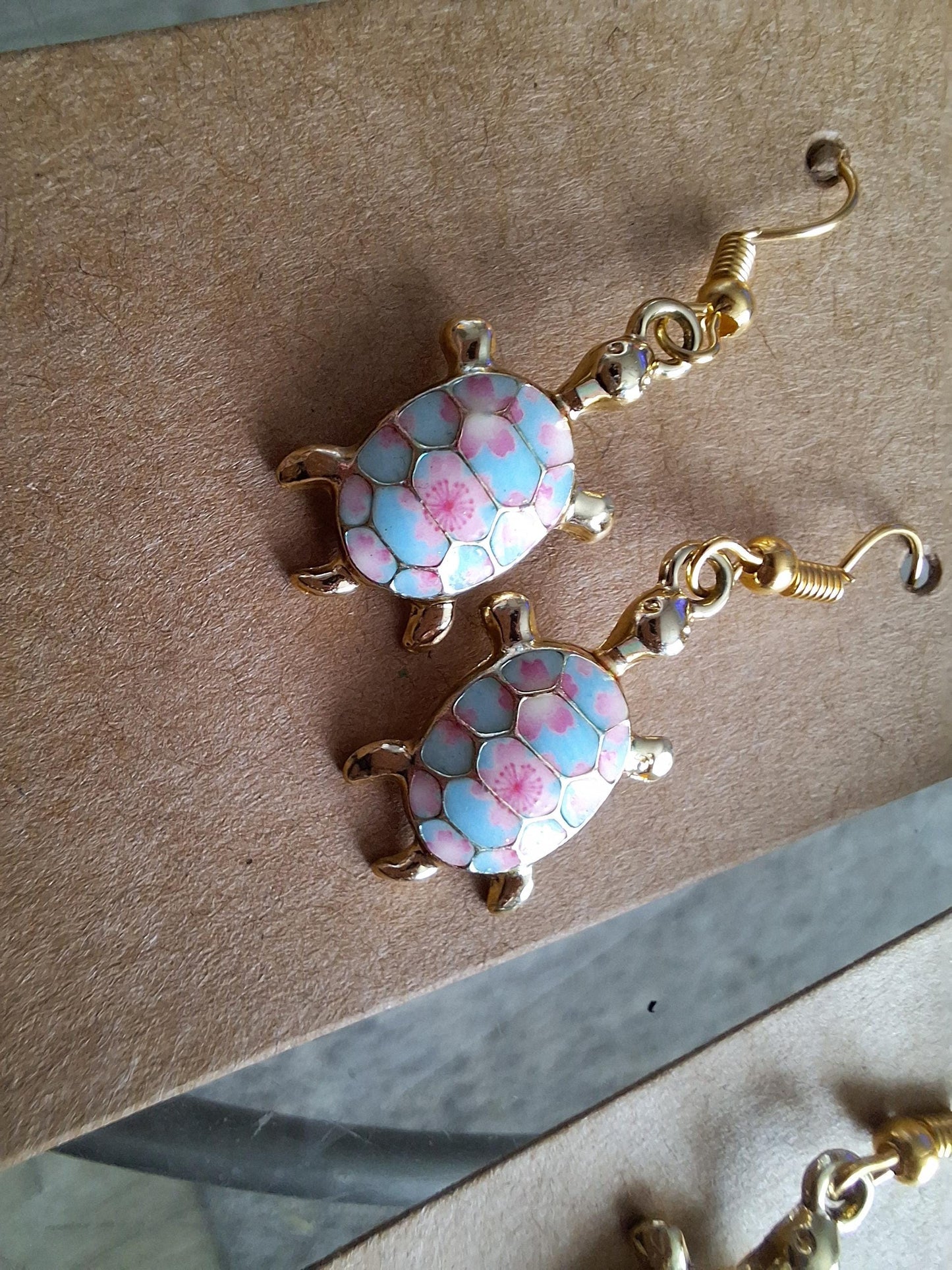 Kawaii cute goldtone turtle earrings / gold tone floral turtle earrings / nautical earrings jewelry / rose sakura turtle earrings