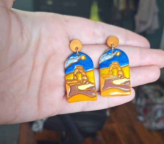 Kawaii scenery vacation spot earrings / polymer clay Arches landscape dangle earrings / clay national park jewelry trees earrings