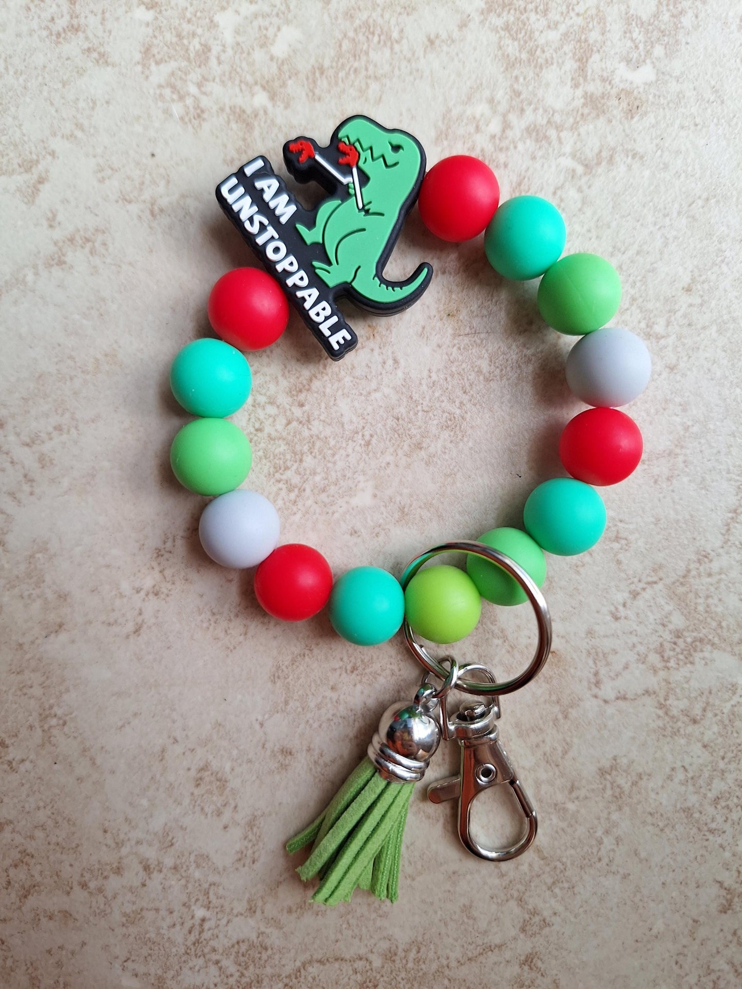 Silicone beaded wristlet keychain I'm unstoppable t-rex  / dino dinosaur silicone beaded wristlet keychain / bag accessories key chain gift