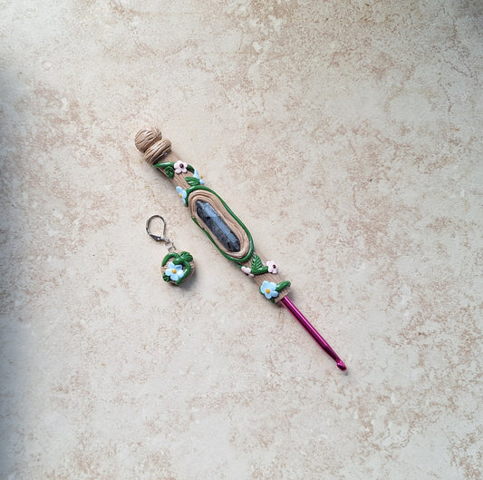 Polymer clay garden fairy floral wand rose quartz amethyst crochet crochet hook wizard wand crystal wand crochet hook