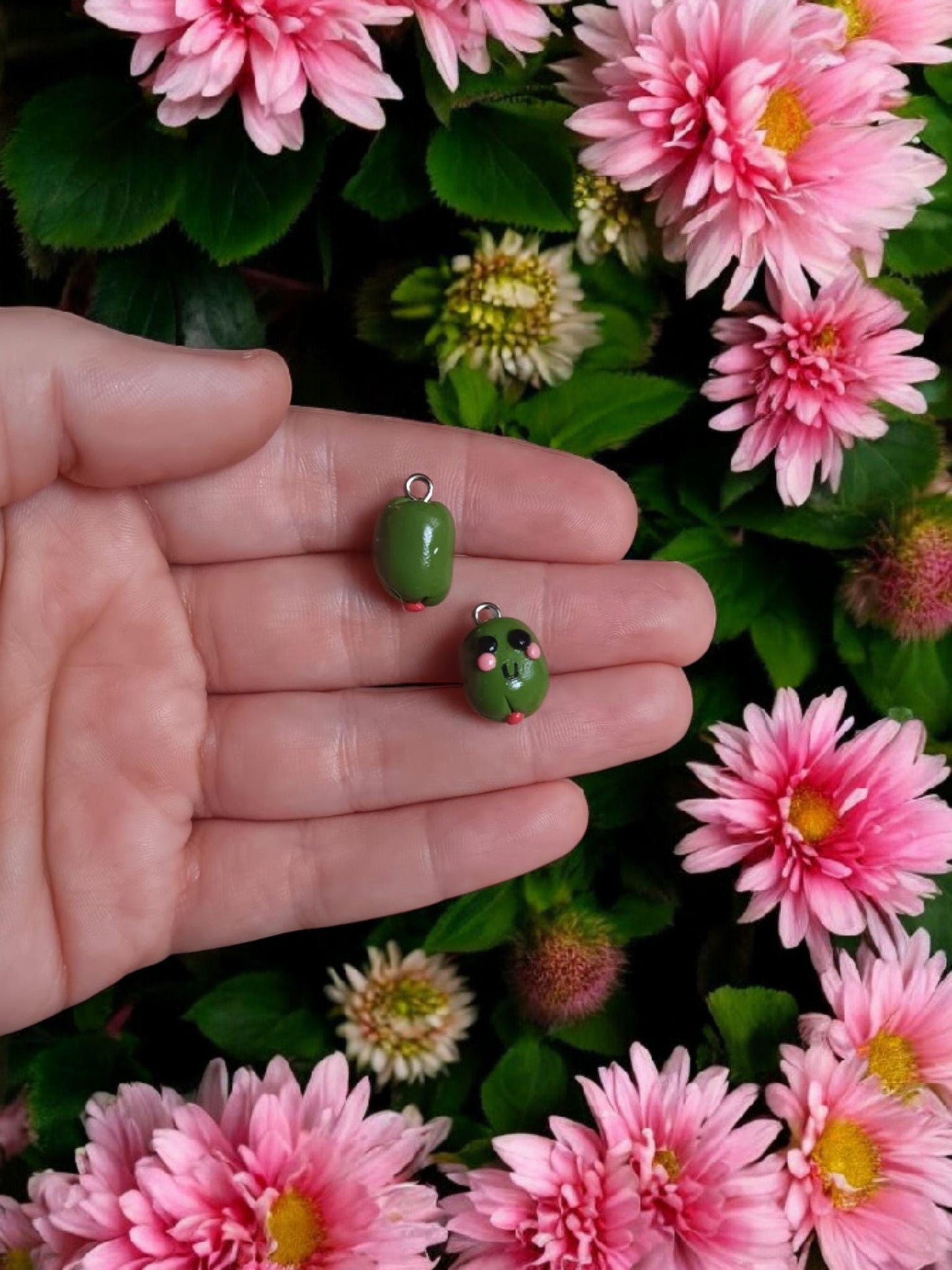 Polymer clay green olive charms / cute kawaii clay olive mini food with face charms jewelry stitchmarker progress keeper notions