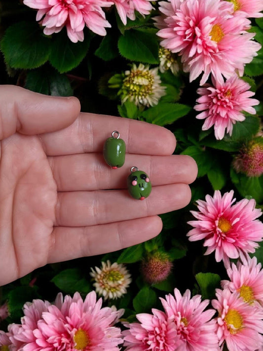 Polymer clay green olive charms / cute kawaii clay olive mini food with face charms jewelry stitchmarker progress keeper notions