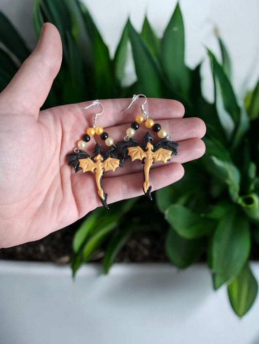 Kawaii clay black dragon fantasy earrings / polymer clay gold dragon earrings jewelry / clay dragon fantasy jewelry