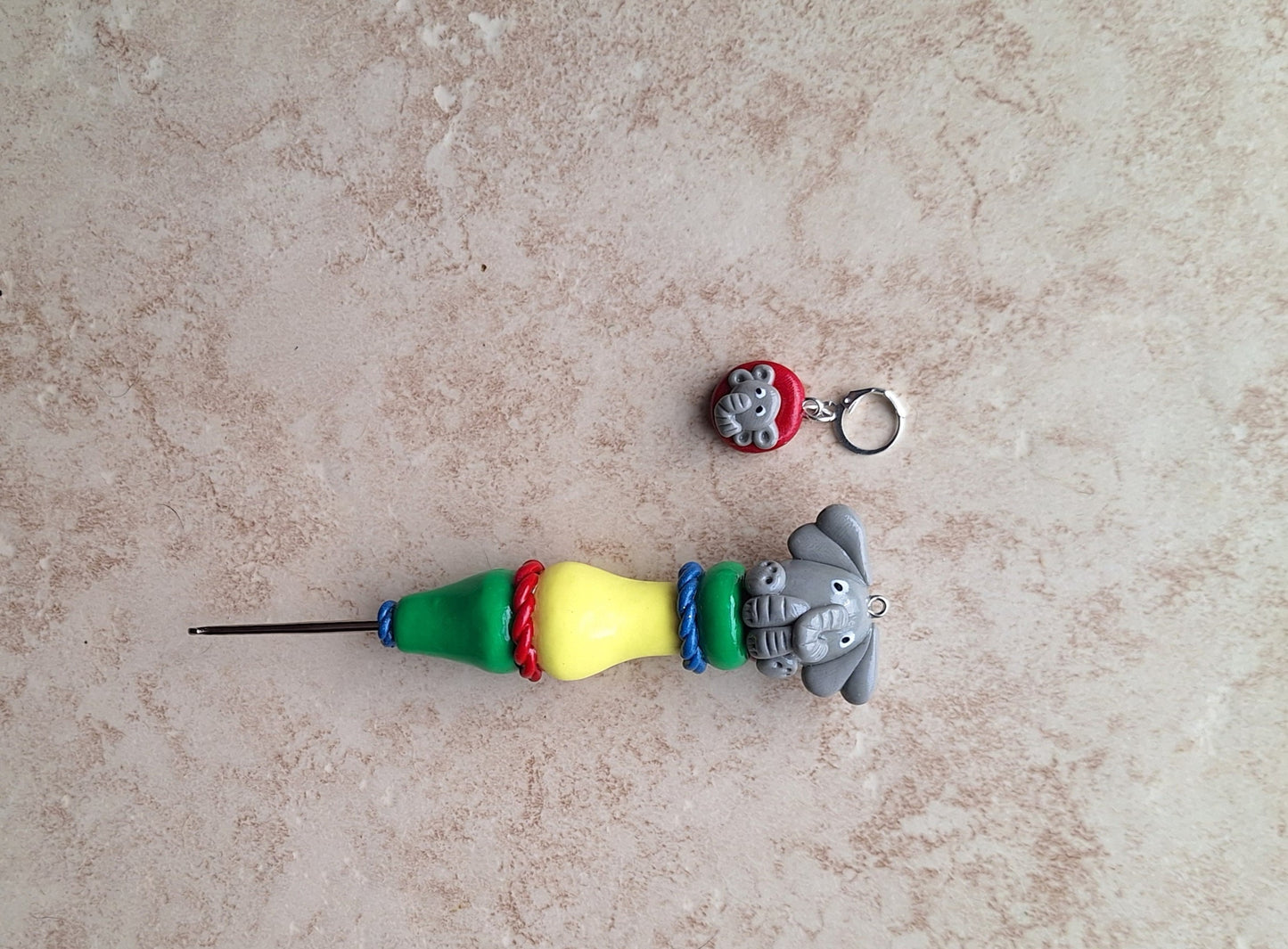 Polymer clay cute circus elephant color block crochet hook with stitch marker