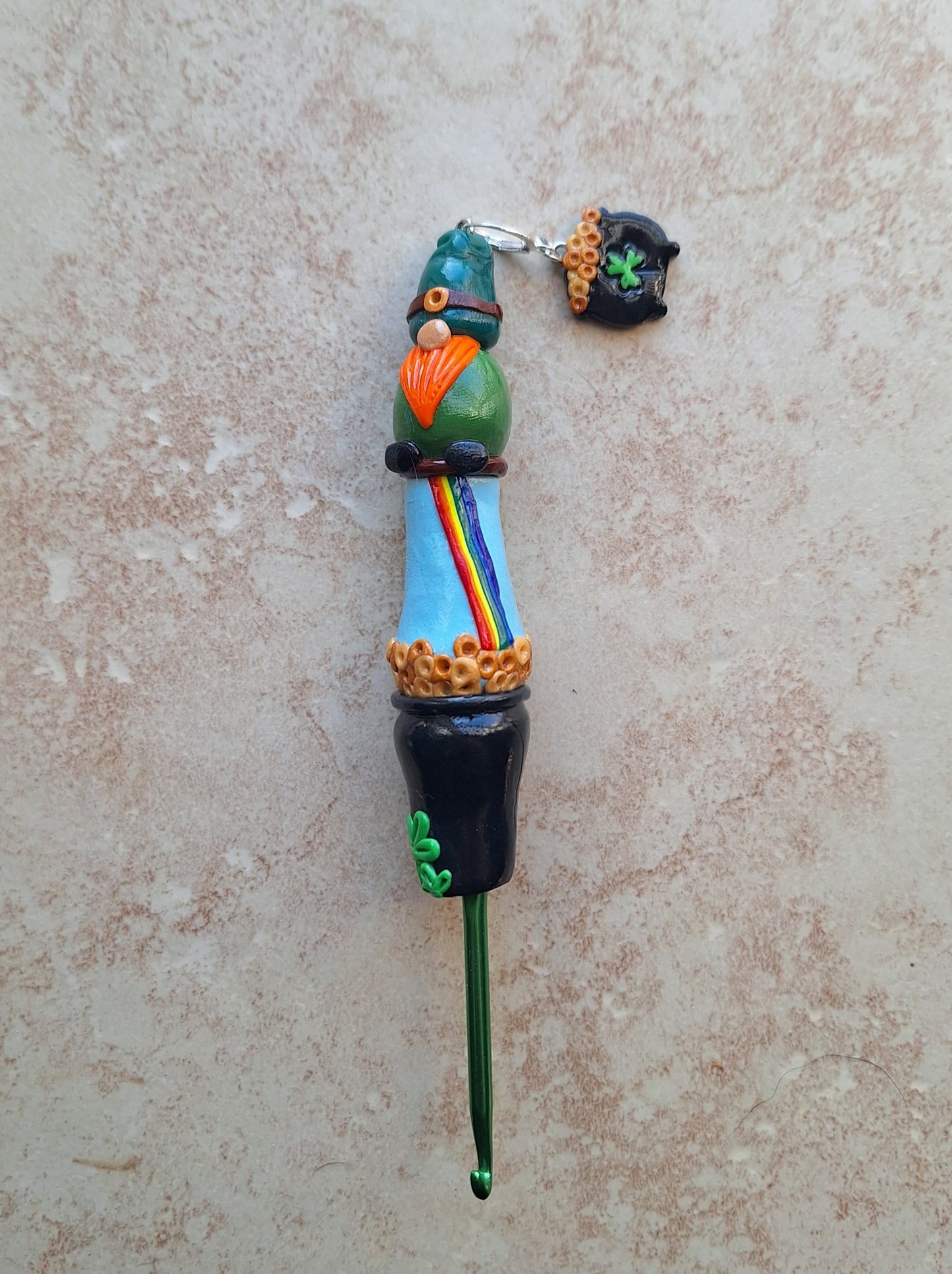 Polymer clay st Patrick's day irish gnome rainbow crochet hook