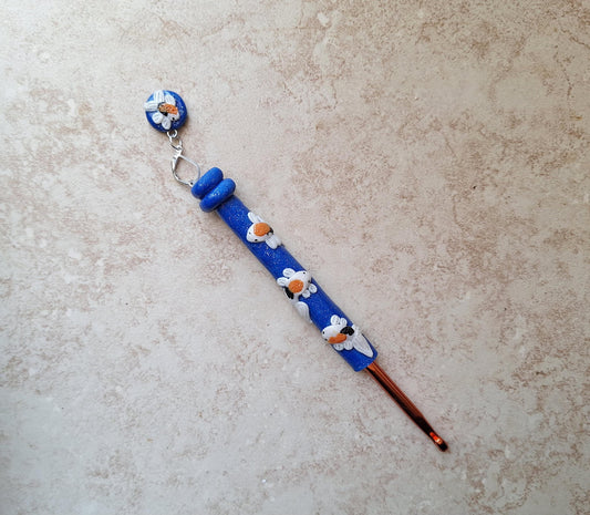Polymer clay blue glitter koi fish scene crochet hook