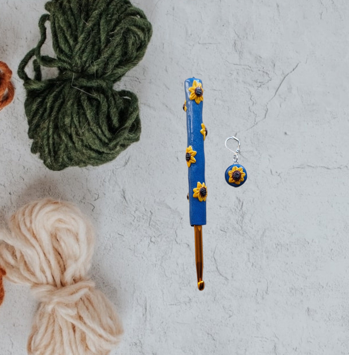 Polymer clay fall floral sunflower on blue crochet hook