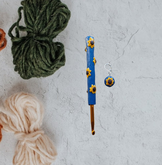 Polymer clay fall floral sunflower on blue crochet hook