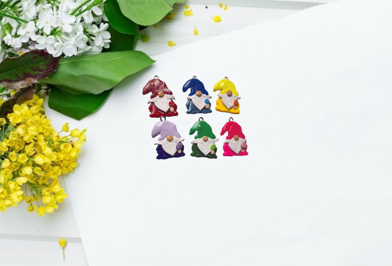 Kawaii colorful toadstool gnome charms / polymer clay rainbow gnome charms /fairy gnome charms stitch marker progress keeper